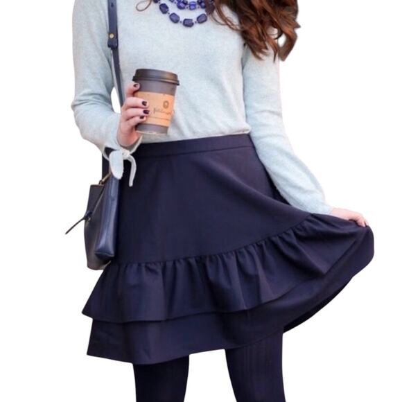 JCrew Navy Blue Wool Blend Preppy Tiered Ruffle Elastic Waist Skirt Size 8 - Picture 1 of 14